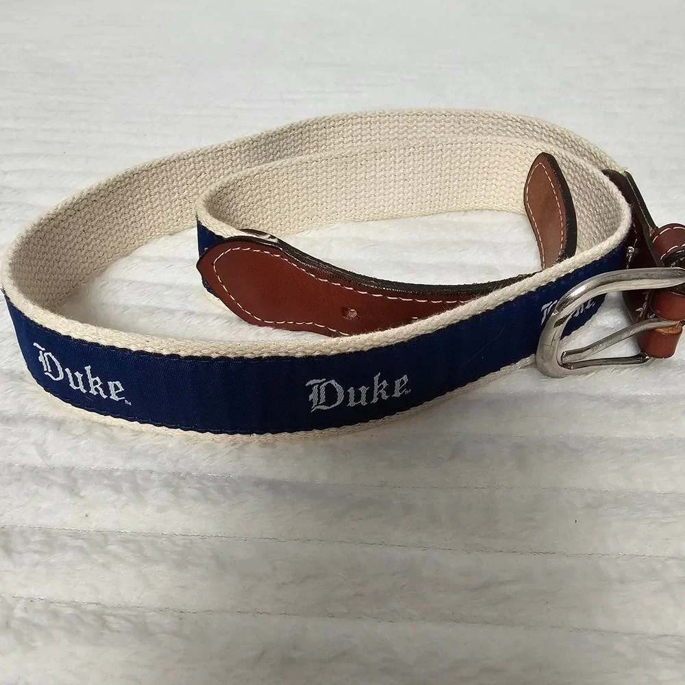 Duke University Blue Devils Ribbon Web Belt 36 Navy Cream Solid Brass Preppy